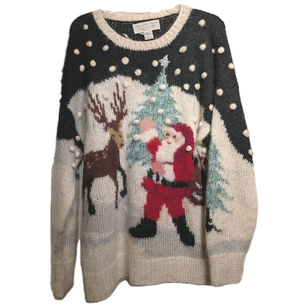 Vtg Samantha Taylor Sweater Women XL Mohair Xmas Santa Reindeer Snowman Ugly EUC
